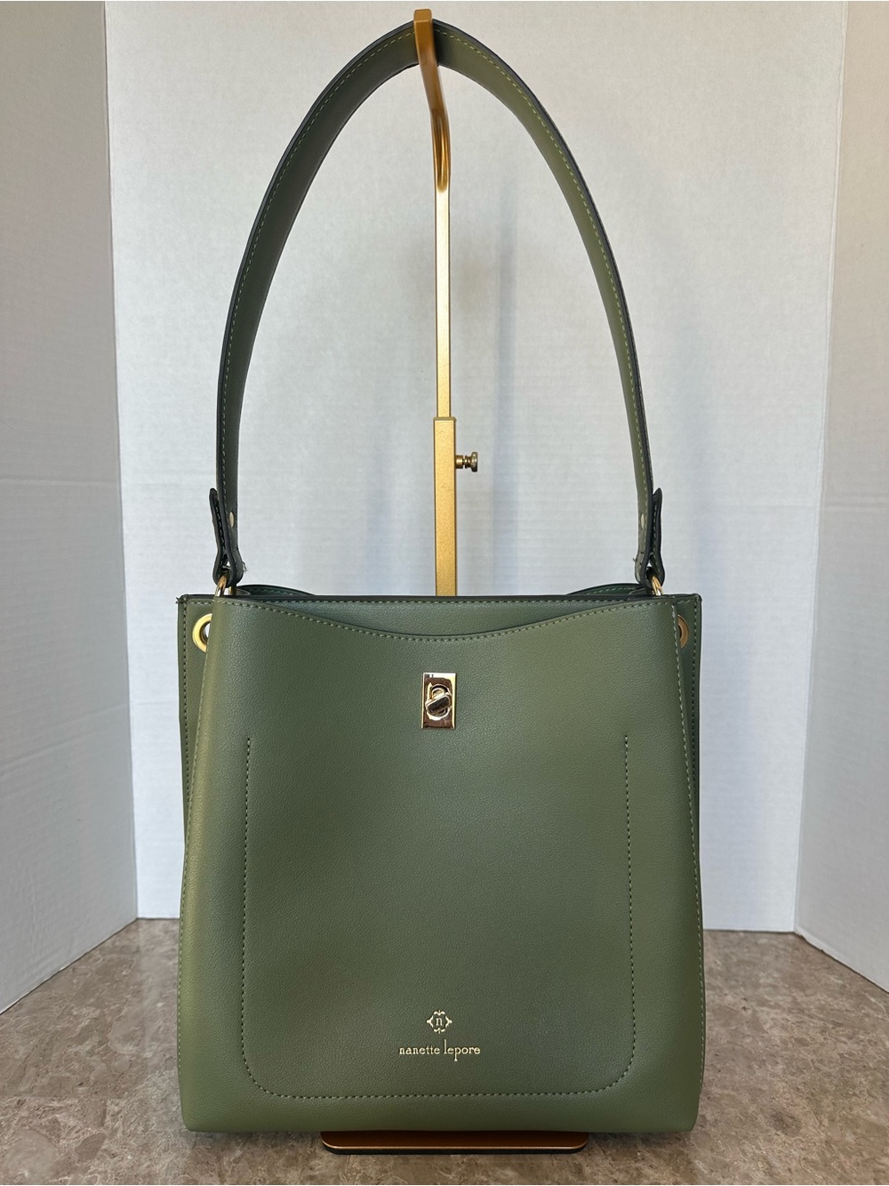Nanette Lepore Olive Green Vegan Leather Bucket Shoulder Bag Classic Chic Purse